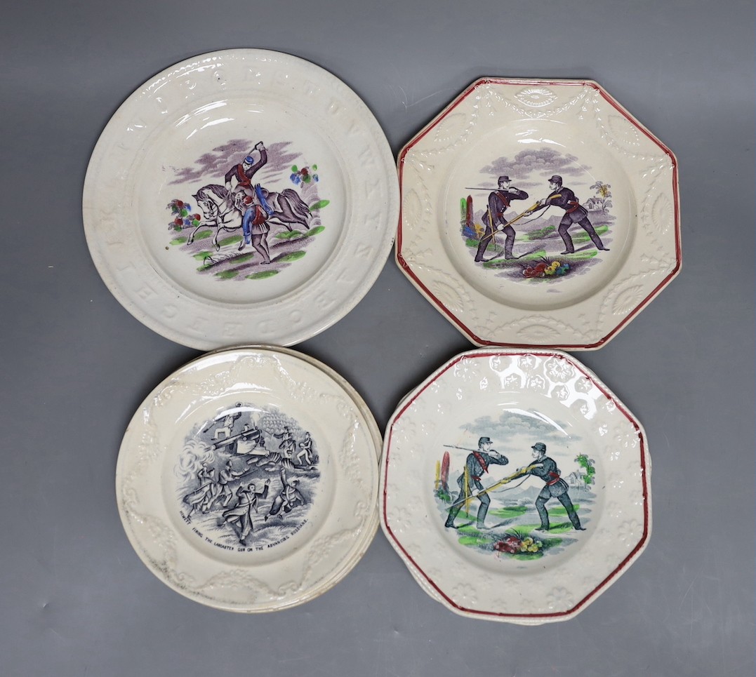 A group of mid-19th century Staffordshire rifle brigade and Crimean war commemorative nursery ceramics, Largest 21 cm